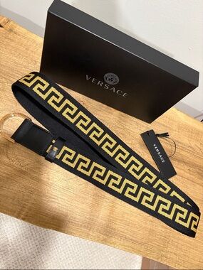 Versace Black and Gold Greek Key Woven Belt  Unisex